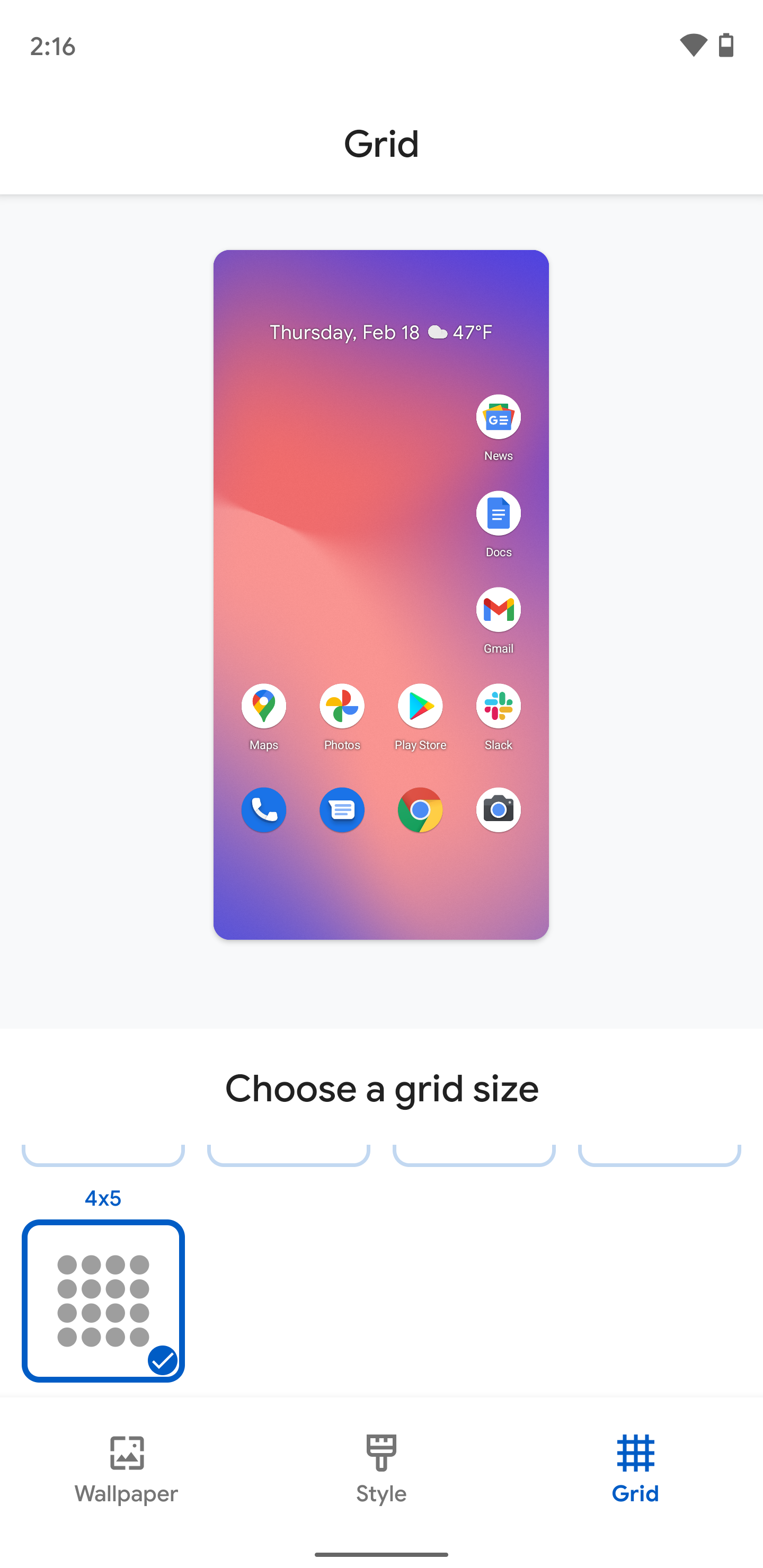 Android 12 4x5 Grid Pixel Launcher Settings.png